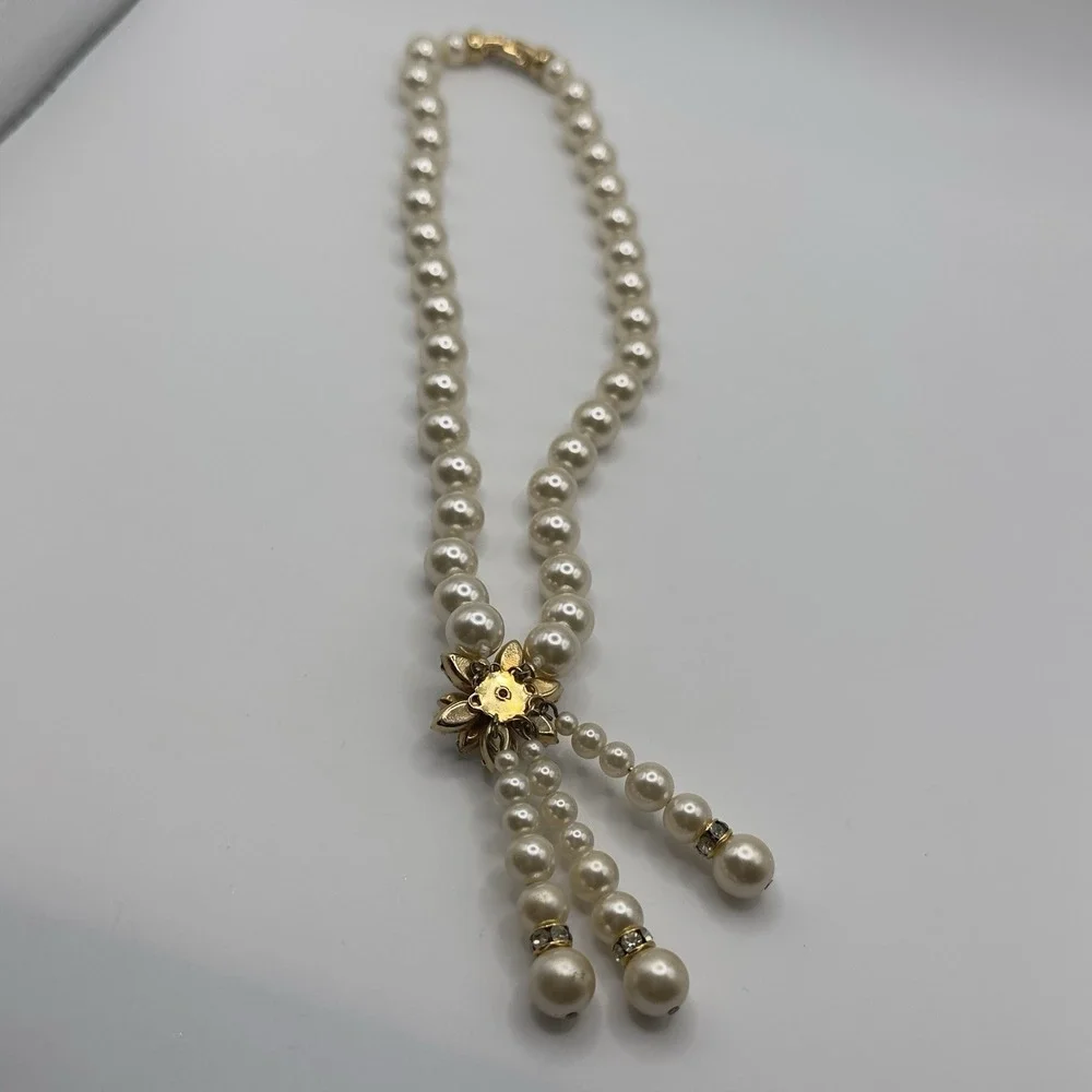 Vintage Faux Glass Pearl Necklace with Rhinestone Y Drop Tassels 16